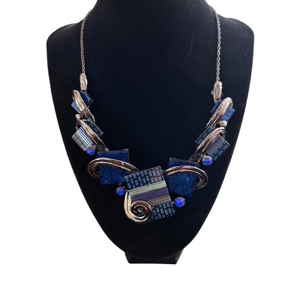 Contemporary Blue Geometric Art Deco Necklace & Earring Set Nickel Free - Picture 4 of 6